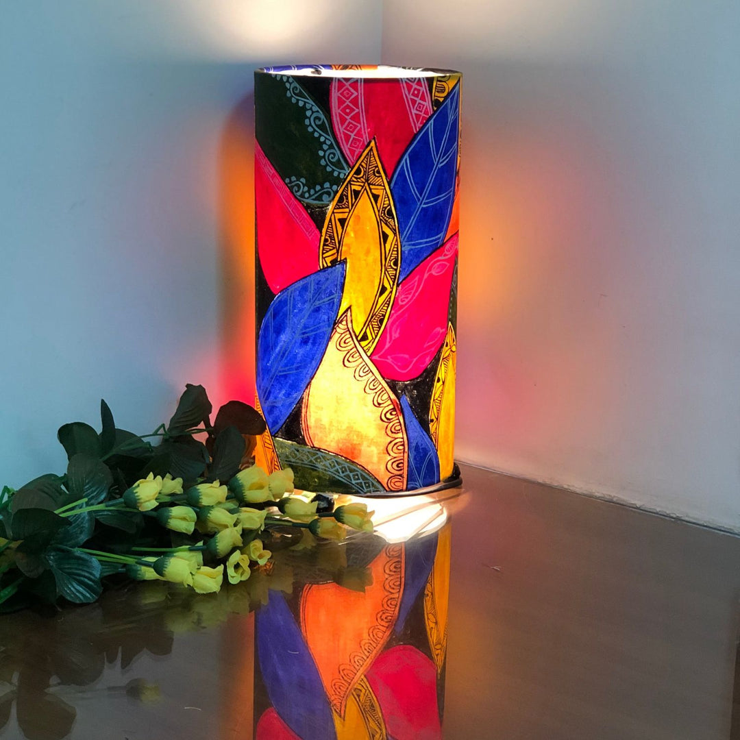 Abstract Leaves Cylindrical Table Lamp  | Hand-Painted | 12 X 6 Inch