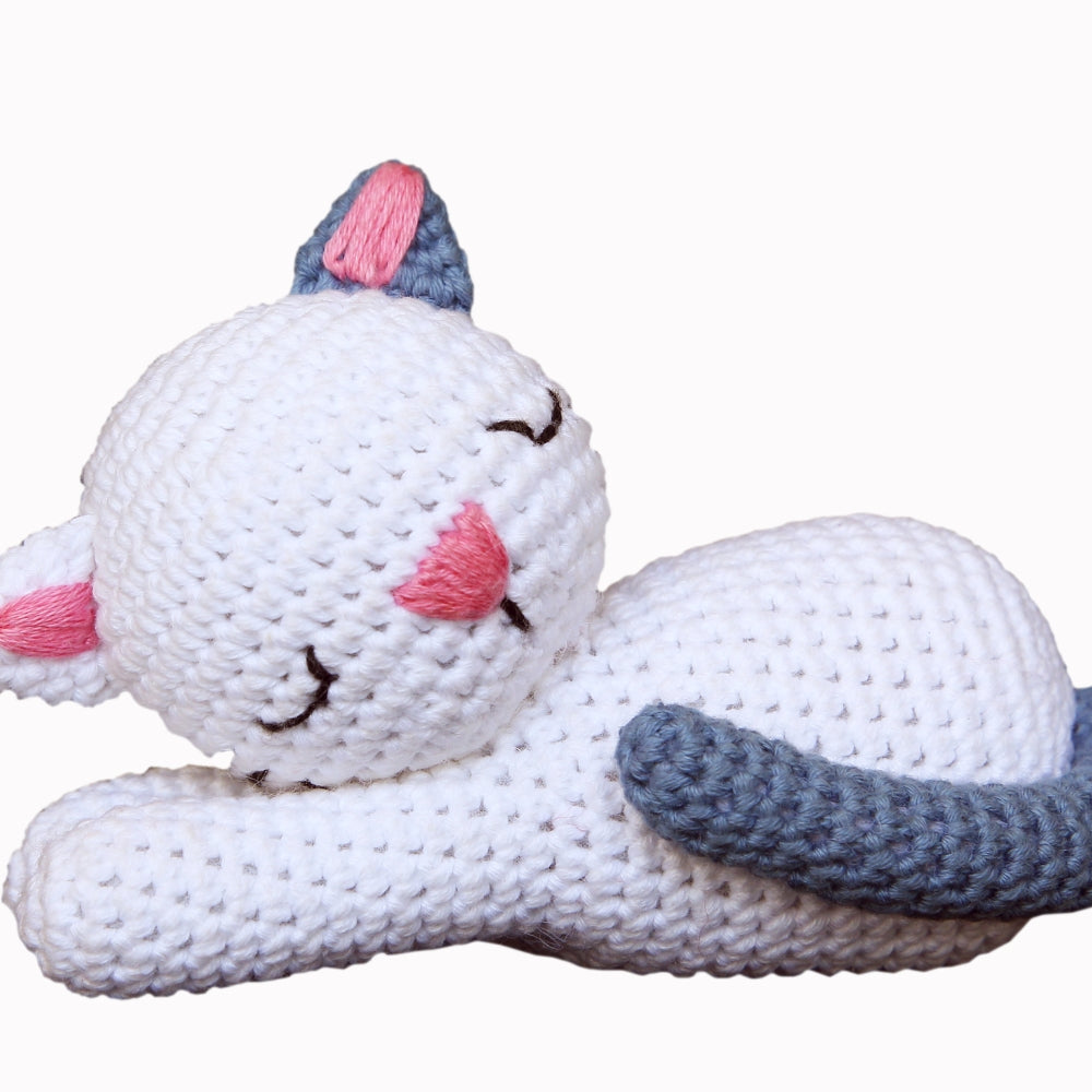 Cute Kitty Soft Toy for Babies | Hand Made of Crochet | Kids Safe | White & Grey