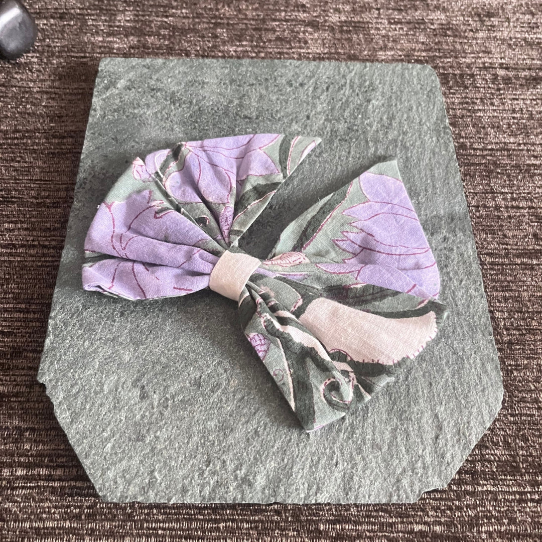 Purple Bow Ribbon Hair Clip | Floral Block Printed | Comfortable Hair Accessory For Girls