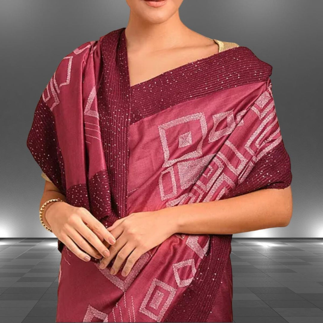 Maroon Tussar Eri Silk Saree with Sujani Crafts and Festive Shimmer | Handloom & Artisanal | Geometrical Motif 