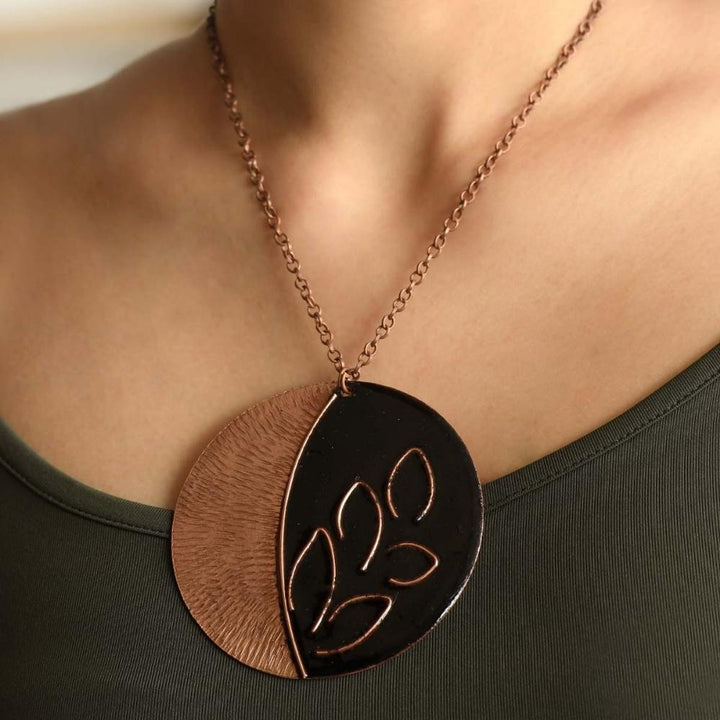 Phyllo Copper Enamel Pendant Necklace | Hand-crafted | Black