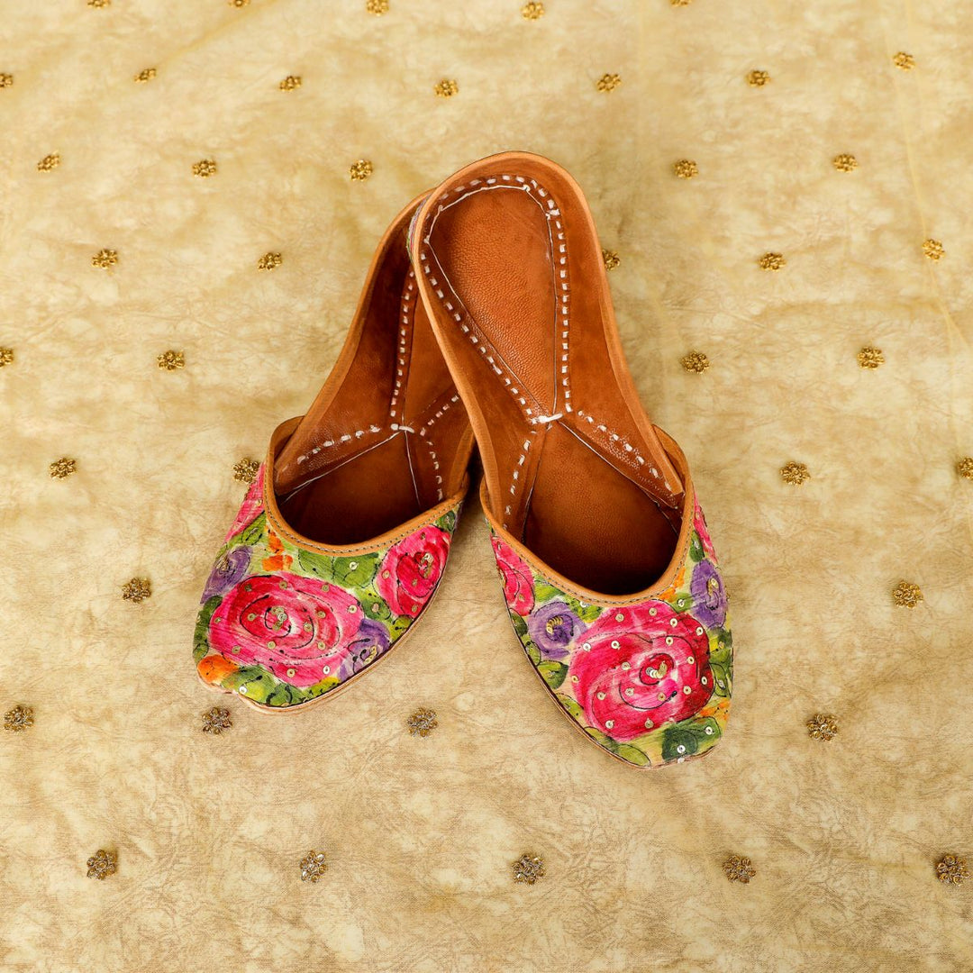 Rose Hand-Painted Raw Silk Women Juttis | Hand Embroidered | Rose Pink