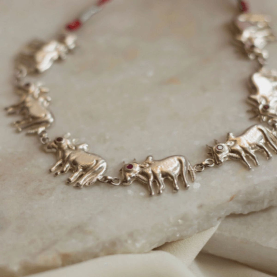 Cow Choker Neckpiece | Silver | Hand-Crafted with Gemstone