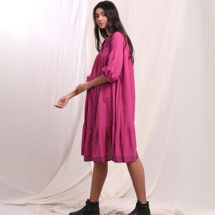 Orchid Flared Dress | Hand-Embroidered | Cotton Muslin | Magenta