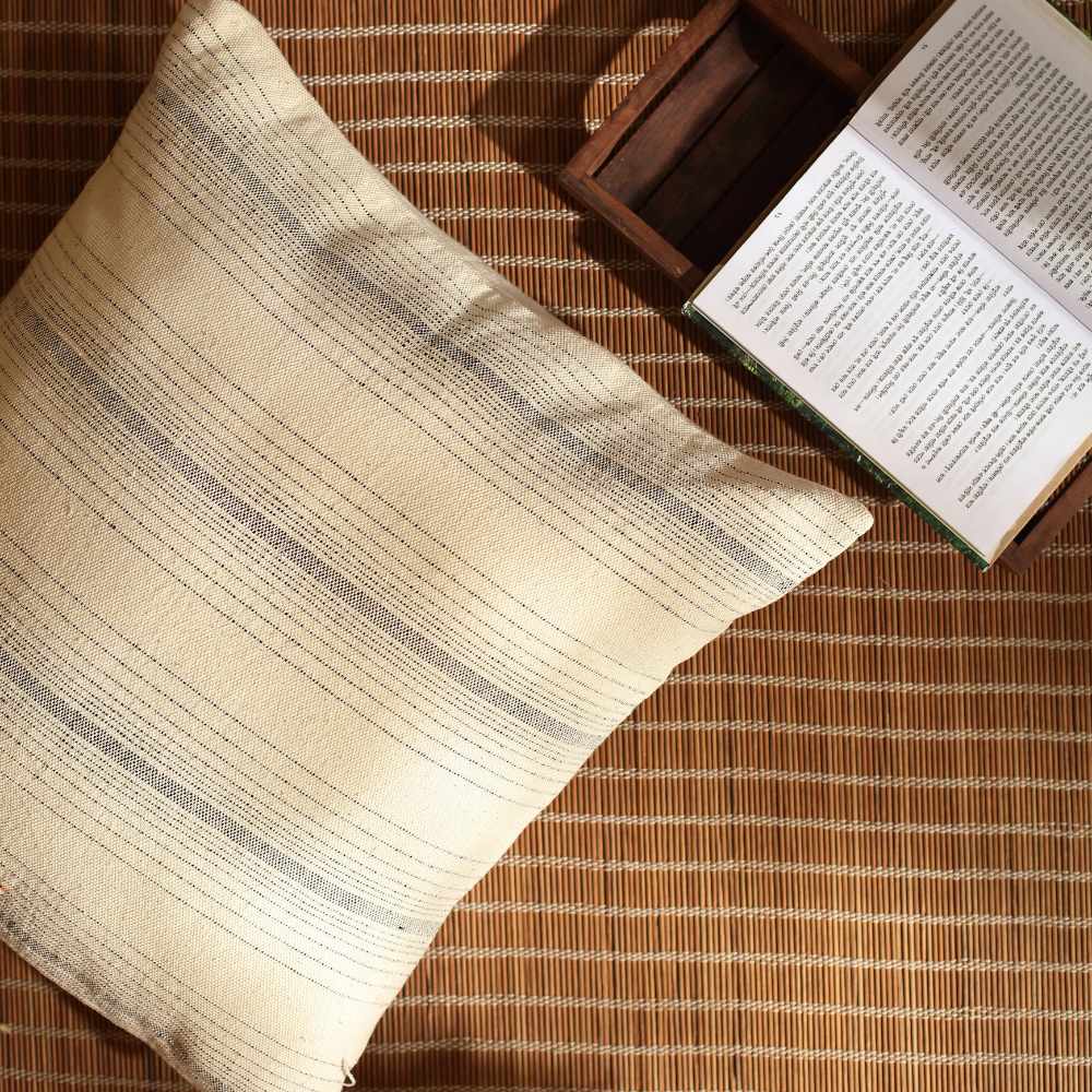 Cushion Cover | Kala Cotton | Ivory With Black Stripe| Subtle Home Decor | 18"x18"