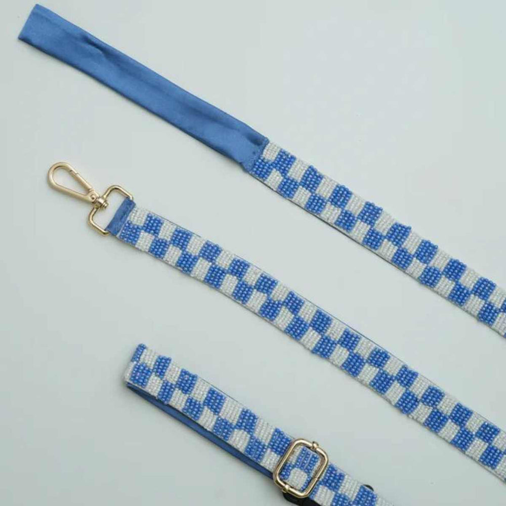 Checkered Leash & Collar | Blue & White | Hand-Embroidered | S/M/L | All Breeds