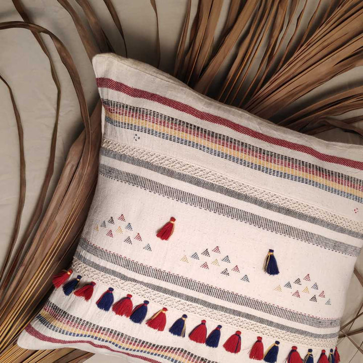 Cushion Cover | Multi Colour Stripe Weave on Ivory | Tassels | Ethnic Home Decor | 18"x18"