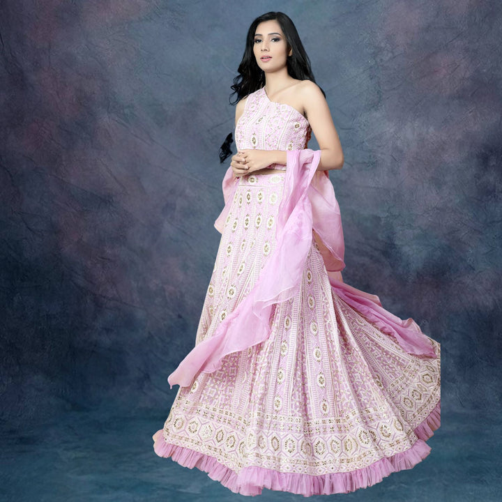 Libasa Elegant Lucknowi Lehenga Set | Ruffled Dupatta | One-Shoulder Blouse | Lilac