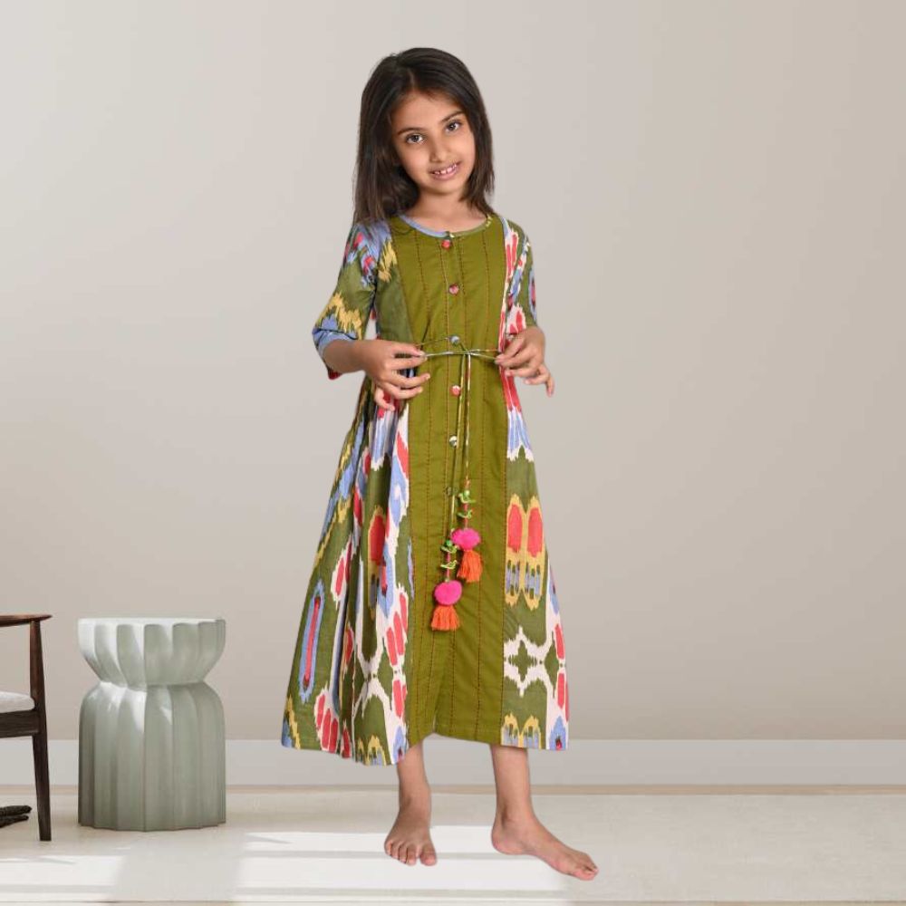 Peasent Ikat Dress | Girls | Cotton | Green