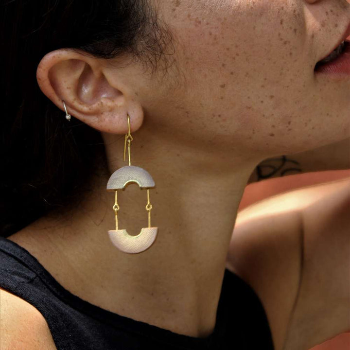 Dangling Arc Ear Rings | Sustainably Made of Gold Plated Recycled Brass | Bamboo Base