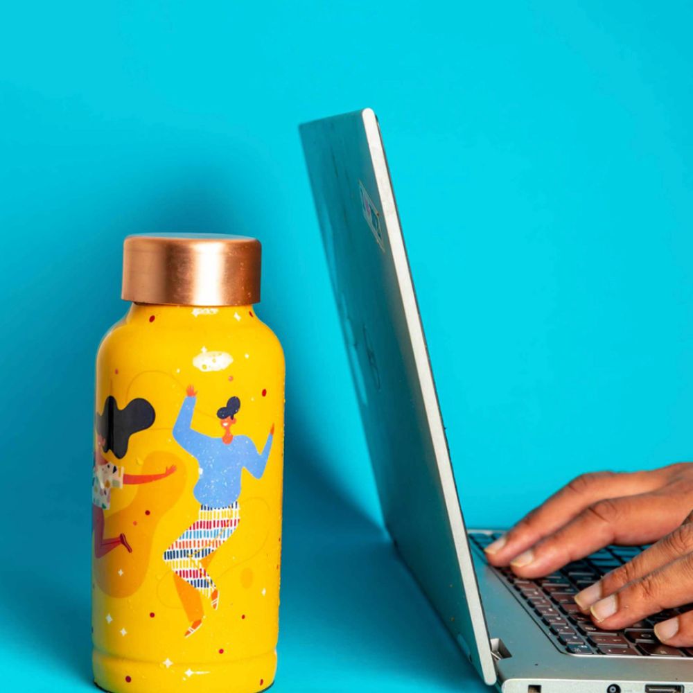 Udaan Yellow Printed Copper Bottle Charged Water | Smart Drinkware | Hand-Crafted | 500 ML