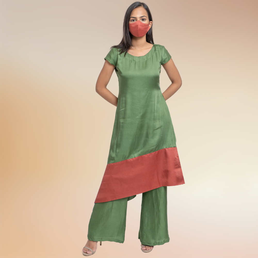 Olive Green Set | Co-ord | Kurta Set | Bemberg Modal Silk | Olive Green And Crimson