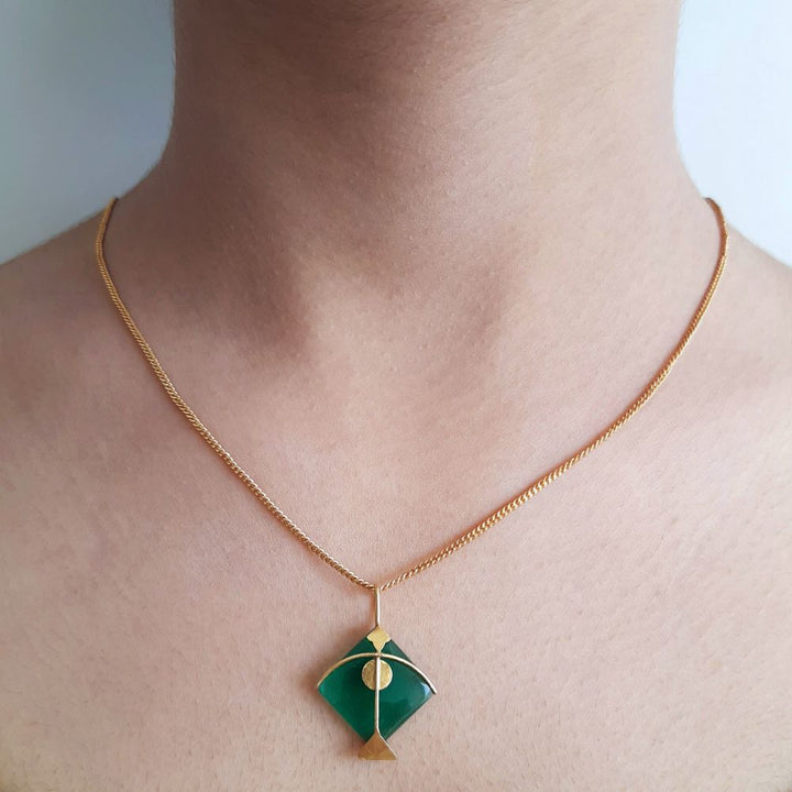 Green Pendant | Kite Designed | Hand Cut | Made of Green Onyx And Gold Plated 925 Silver