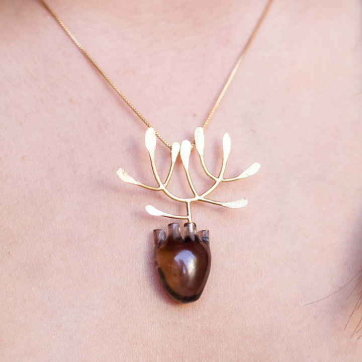 Gold Plated & Silver Pendant | Foliage Designed with Heart | Smoky Quartz Semiprecious Stone