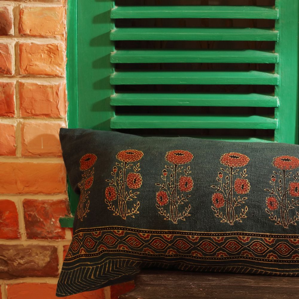 Ajrakh Cotton Cushion Cover | Hand-Block | 14" x 35"