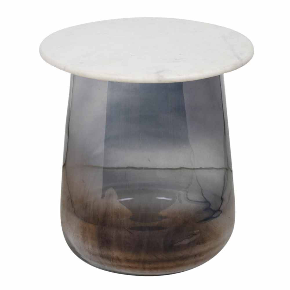 Marble Top Side Table In Round With Smokey Glass Bottom | Modern Accent Table | 16 Inches Tall