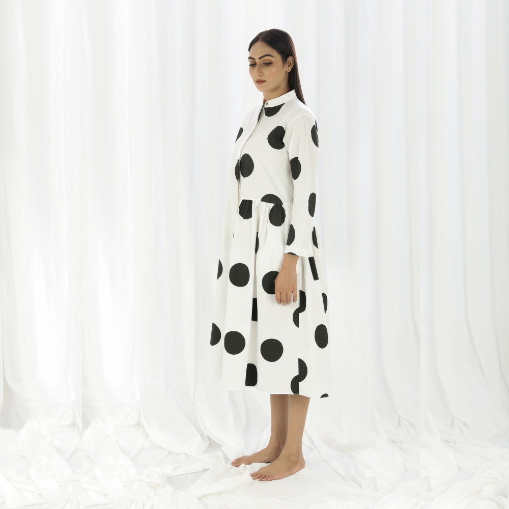 Polka Dotted Bright White Long Shirt Dress | Hand Woven Cotton |  All Day Wear