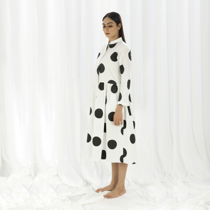 Women Long Shirt Dress | Black Polka Dot White Cotton | All Day Comfy Wear