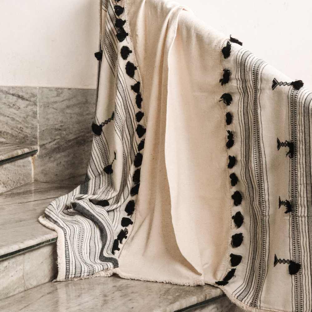 Ivory & Black Organic Cotton Throw | Hand-Woven | 62" x 47"