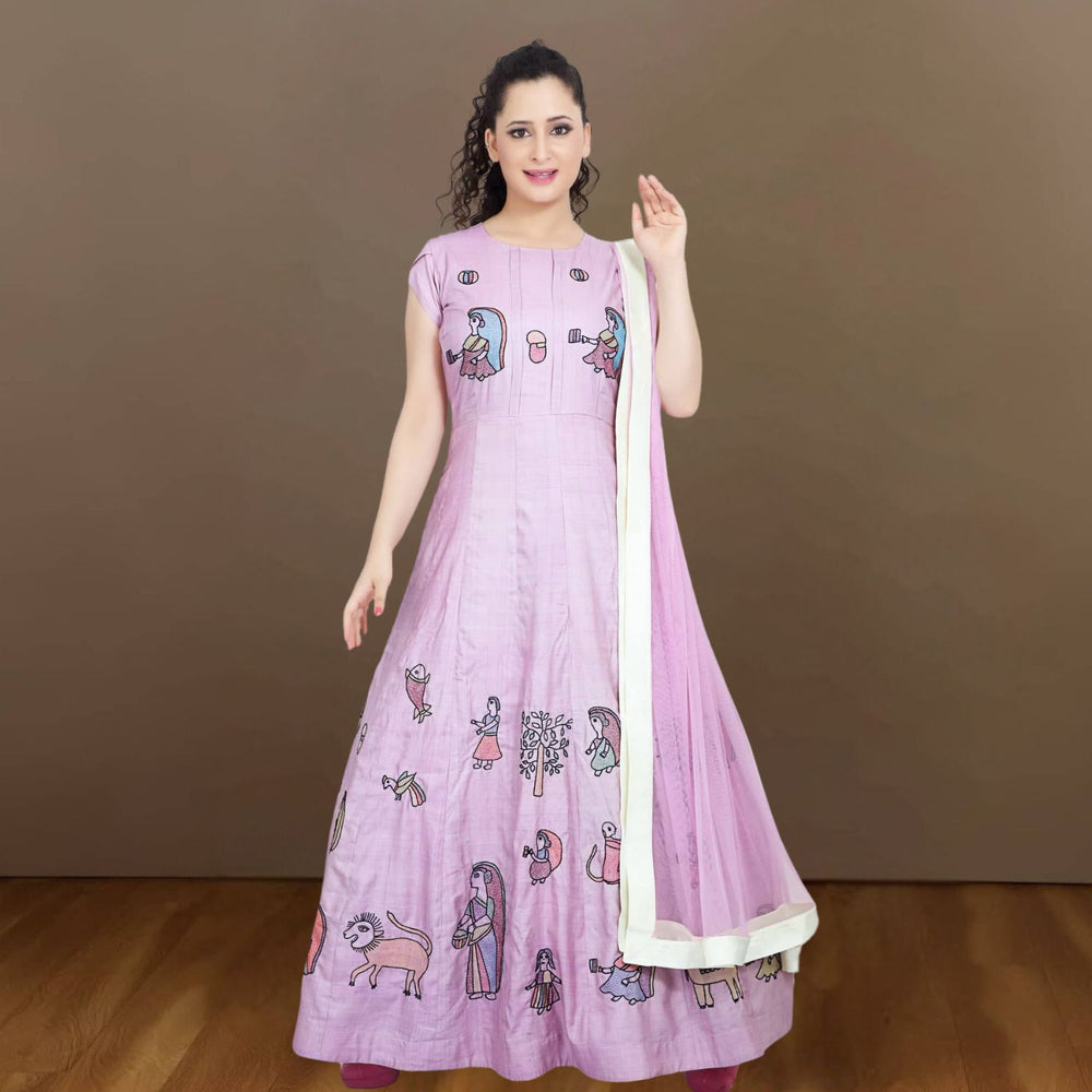 Nitara Tussar Eri Silk Gown | Sujani Hand-Embroidered | Statement Dress | Lilac