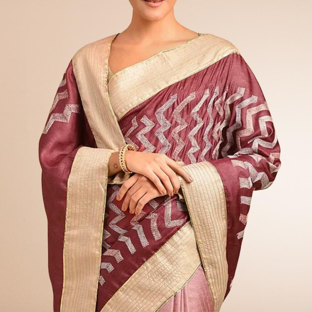 Maroon and Peach Half & Half Designer Saree | Classic Sujani Craft On Tussar Silk Base | Smart Chevron  Motif | Gota Work 