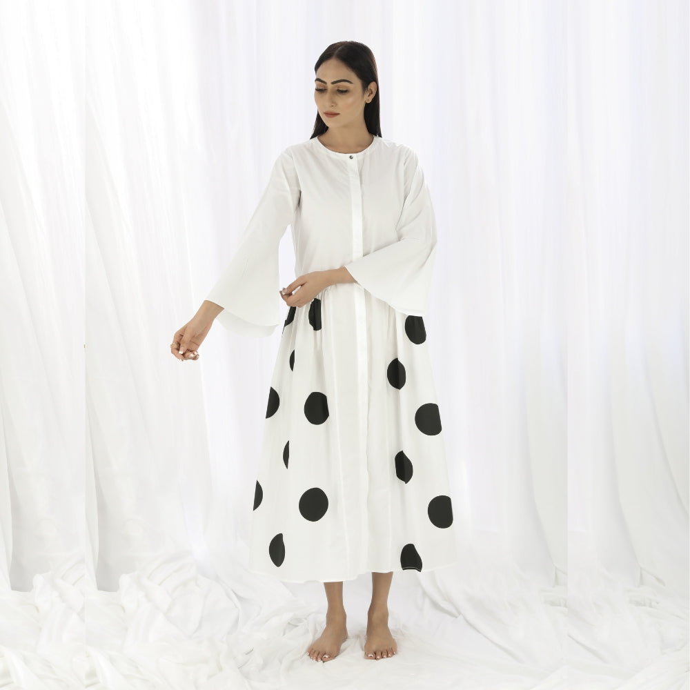 Side Gather Dress In White and Black Polka Print | Sustainable and Hand Woven