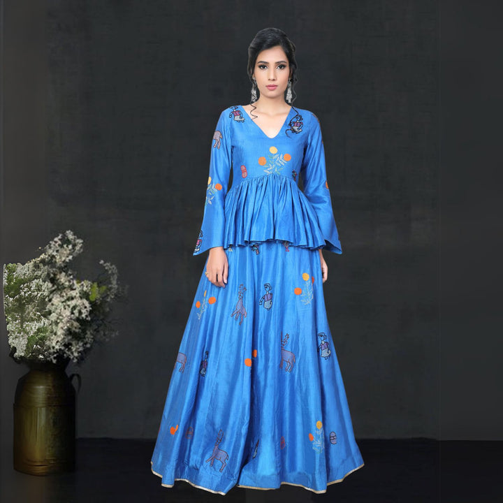 Ziva Tussar Silk Lehenga Set | Sujani Embroidered | Hand Crafted | Cobalt Blue