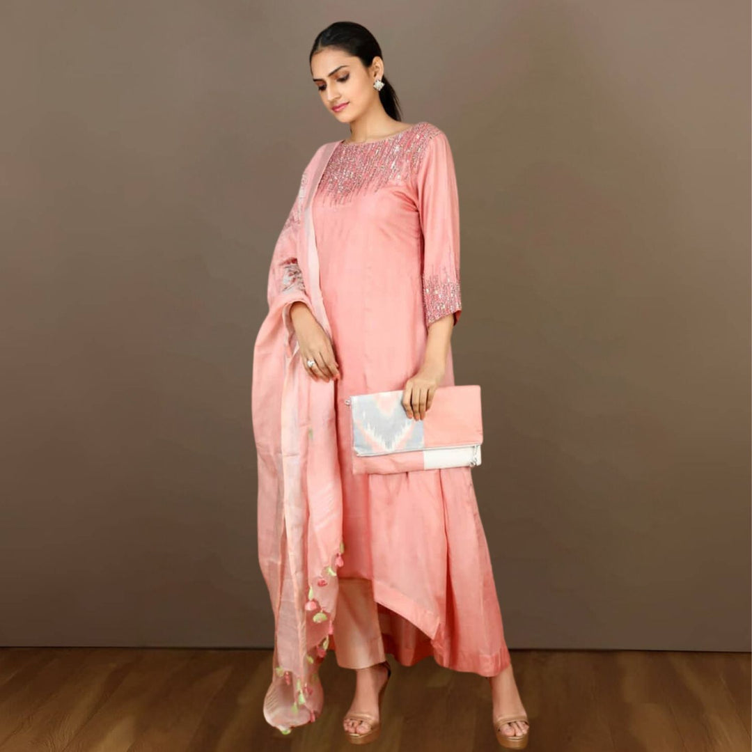 Advika Tussar Kurta Pant Set | Sequin Embellished | Effortless Style | Watermelon Pink