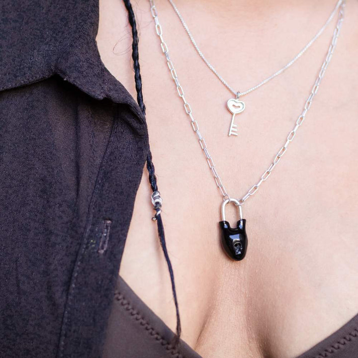 Silver Necklace | Lock Inspired Design | Hand-Crafted Black Onyx Gemstone in 925 Silver