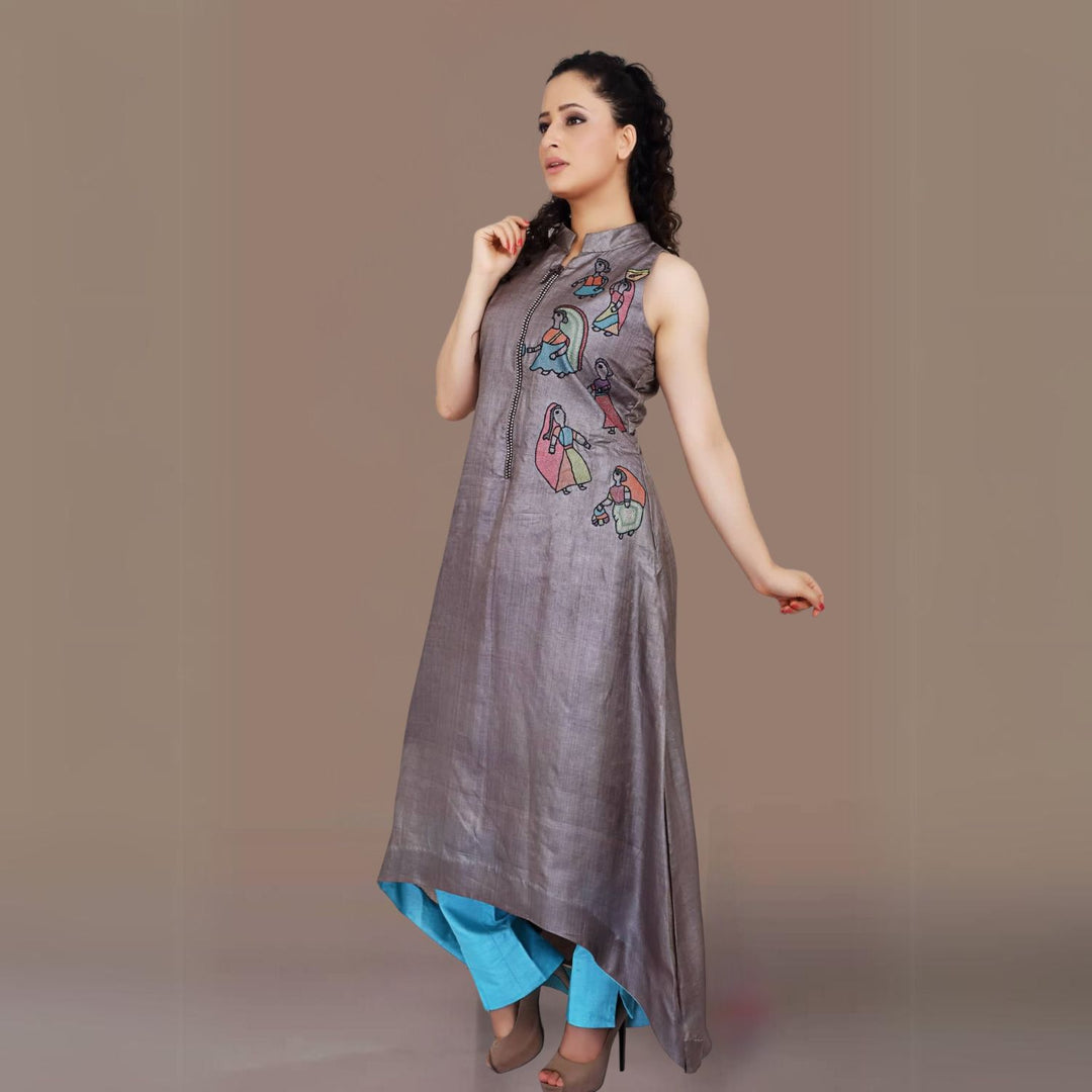 Manuela Tussar Kurta Pant Set | Sujani Embroidered | Chic | Occasional Wear | Ash Grey