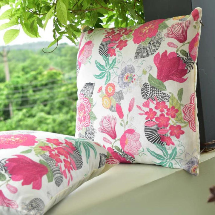 Pink Floral Cotton Cushion Cover | Botanical Print | Set Of 2 | 16 x 16 Inch