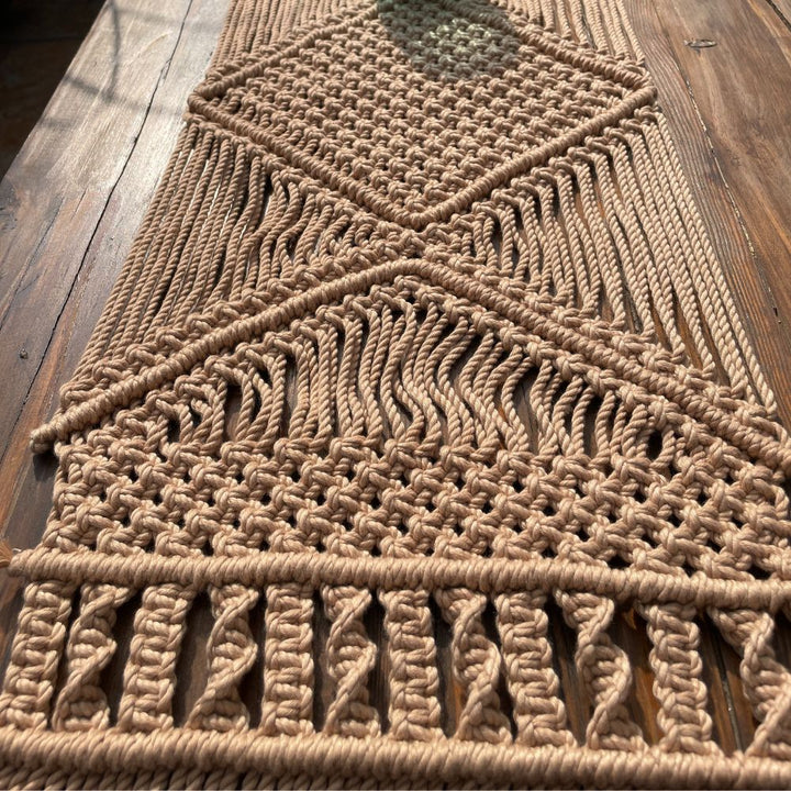 Bohemian Style Hand-Crafted Table Runner | Abstract Patterned | Macrame | Hand-Made | Beige | 5 Ft