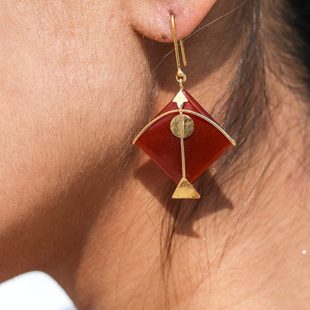 Red Kite Earring | Hand Cut | Hand Made of Semi-Precious Stone And Gold Plated 925 Silver