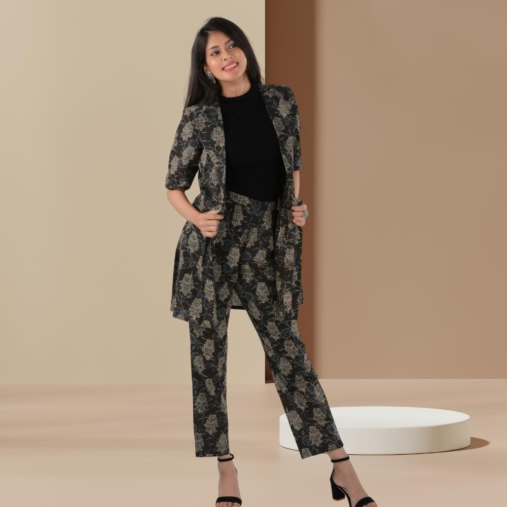 Ajrakh Black Co-ord Set of Jacket And Pant | Office Wear | Sustainable | Stylish