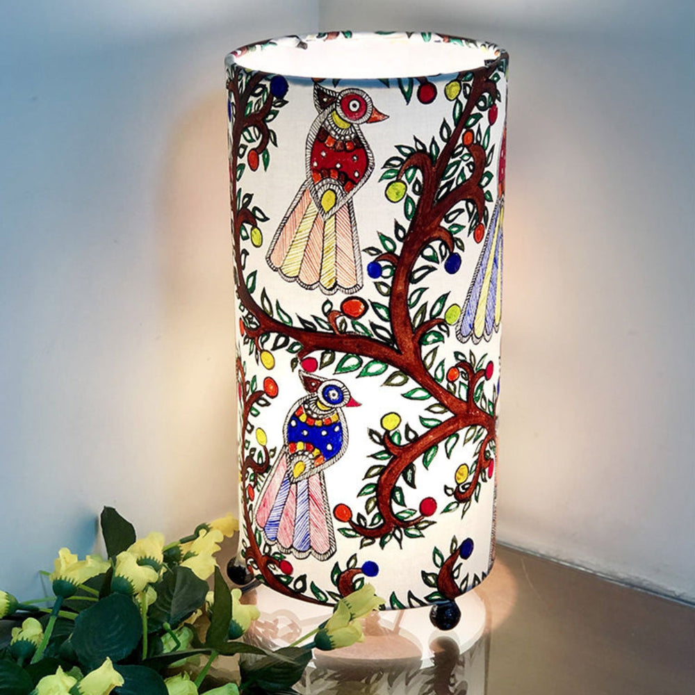 Madhubani Hand-painted Birds Cylindrical Table Lamp | 12 X 6 Inch