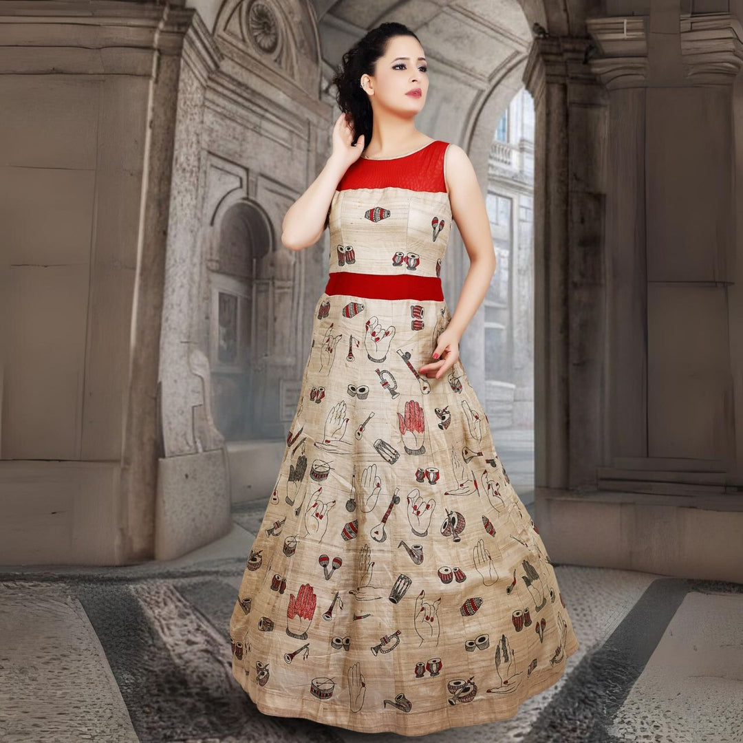 Swarali Tussar Silk Gown | Madhubani Hand-Painted | Vibrant | Artistic | Scarlet & Beige