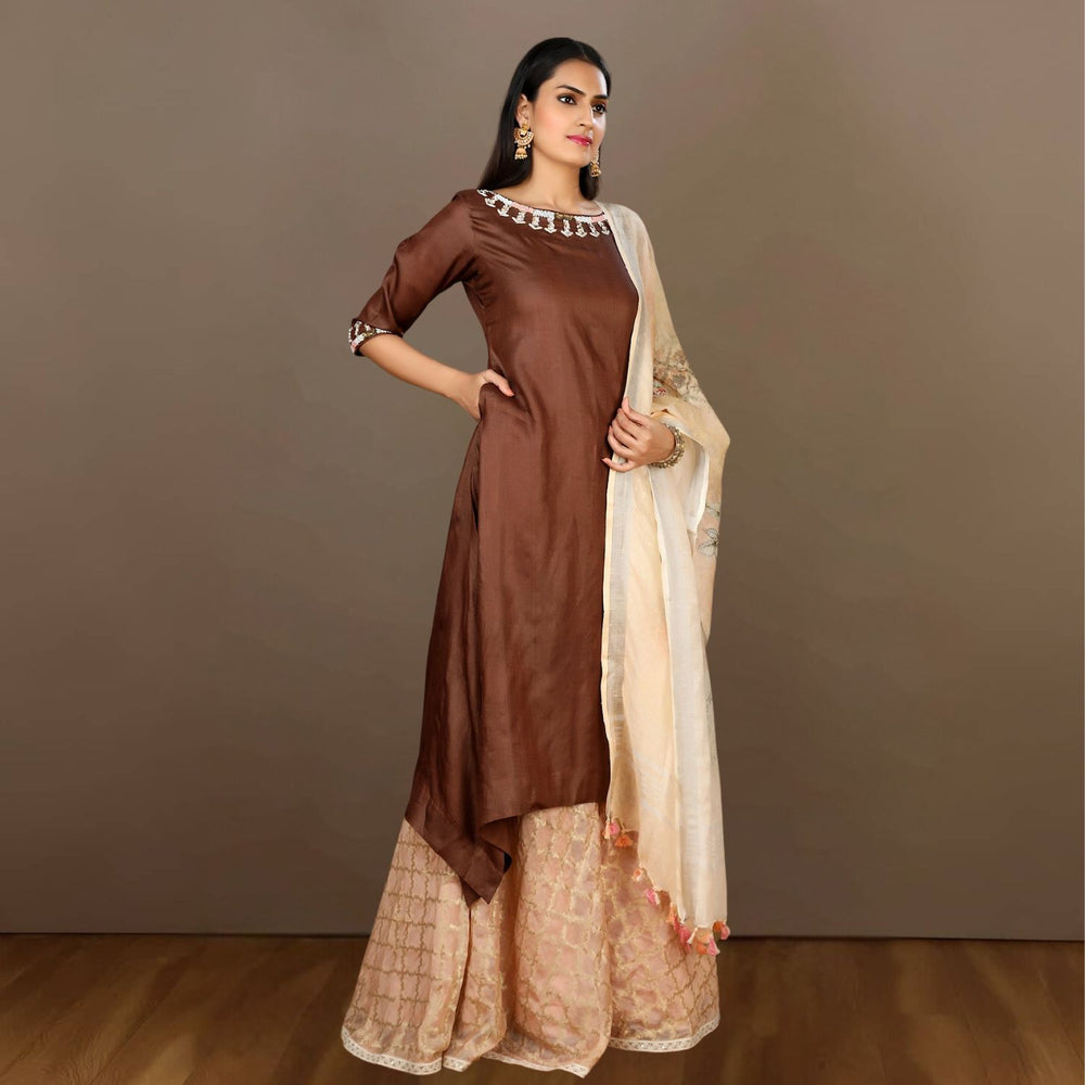 Akhila Asymmetric Tussar Sharara Set | Embellished | Chocolate Brown & Peach