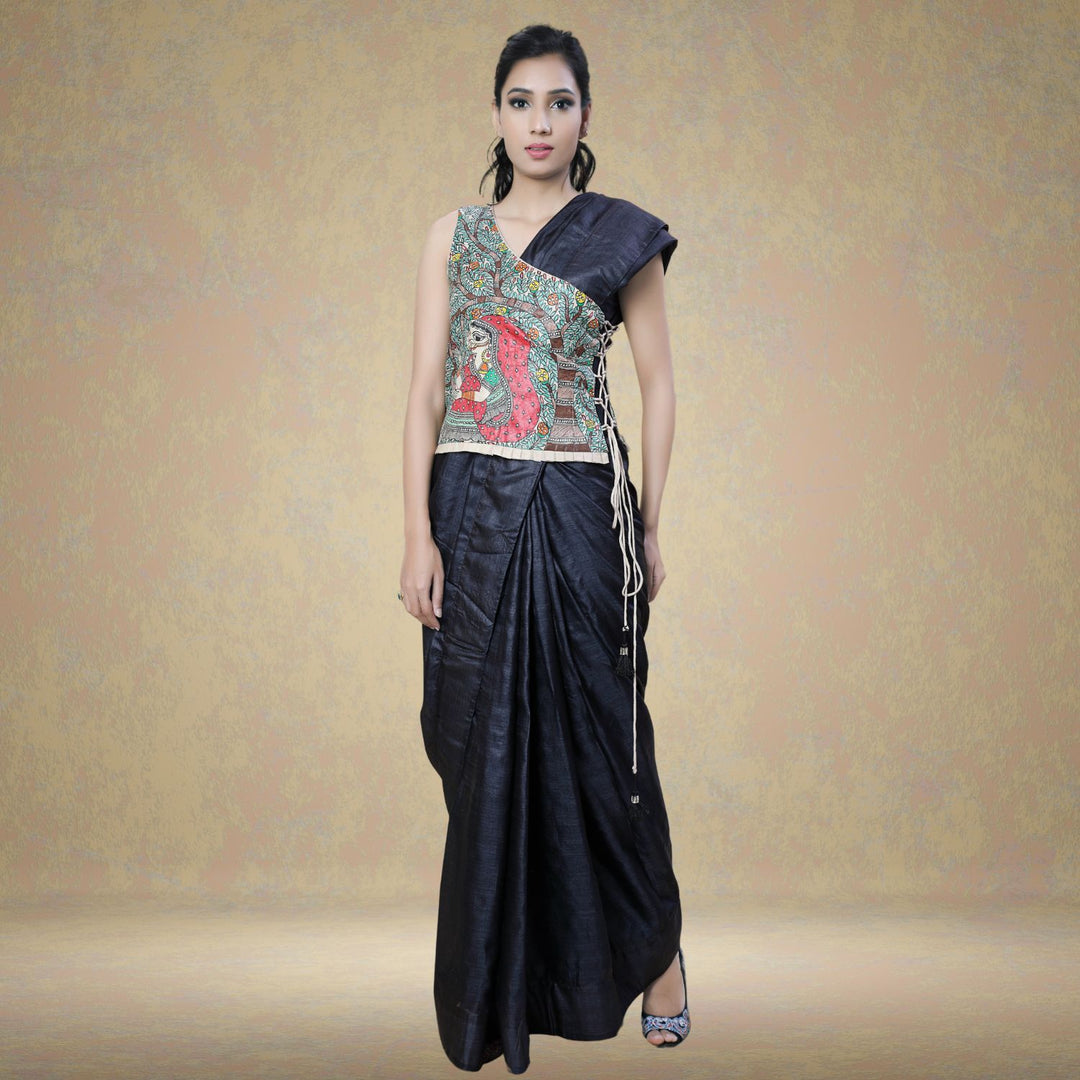 Nitha Madhubani Tussar Silk Top/Jacket | Hand-Painted | Fusion Wear | Beige