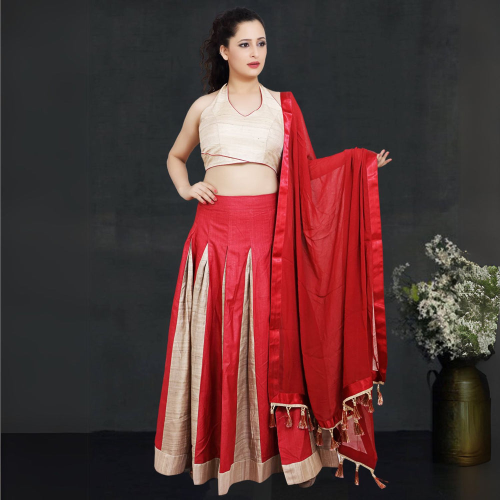 Urvi Tussar Panelled Lehenga Set | Halter Neck Blouse |  Modern Twist | Red & Beige