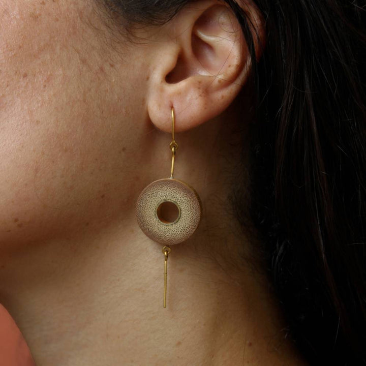 Earthy Brown Disc Ear Dangle | Minimalistic Look | Gold Plated Recycled Brass And Bamboo