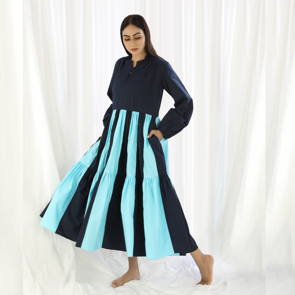 Two Colour Block Tier Dress | Resplendent and Elegant | Hand Woven Cotton