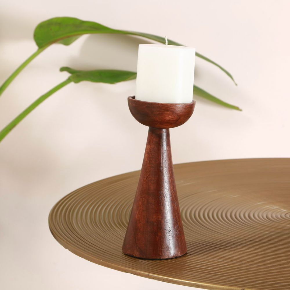 Wood Conical Candle Holder | Table Top Accent | Festive Decor |Walnut Brown | 8"