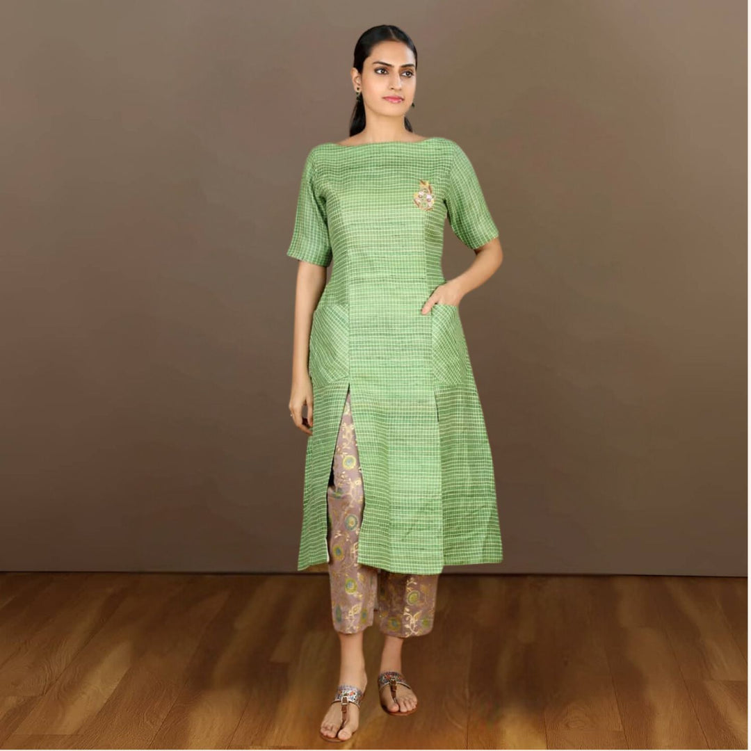 Lakshanya Tussar Ghicha Checkered Kurta Pant Set | Embroidered | Effortless Style