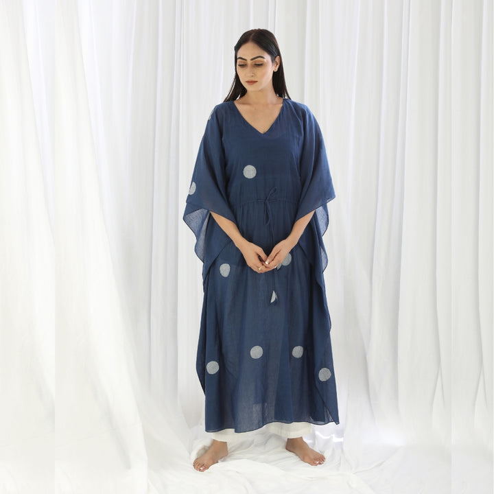 Women Kaftan Dress | Hand Crafted | Cotton | Super Elegant | Navy | Polka Print