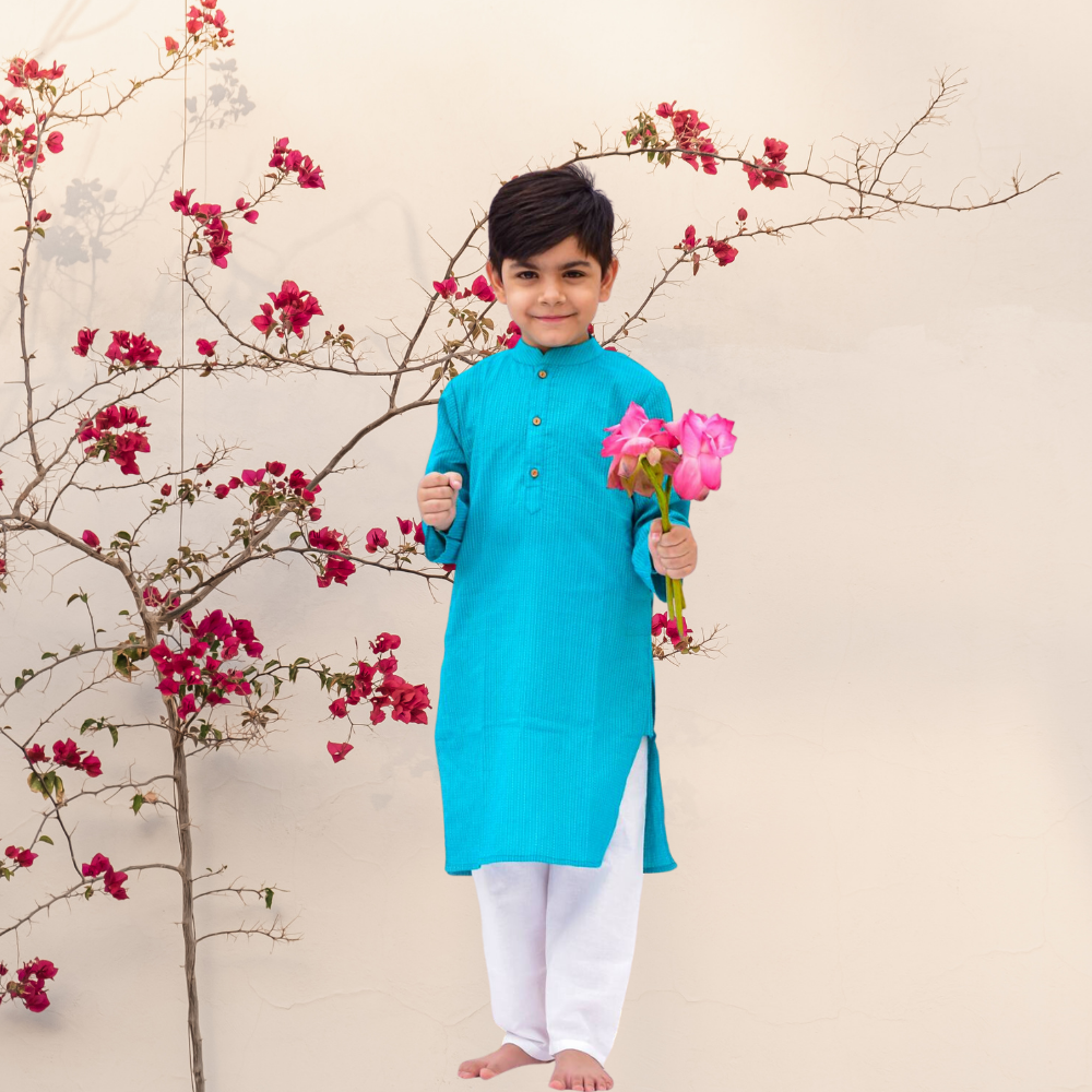 Turquoise Kurta Set | Boys Ethnic Kurta Set | Festive Wear | Cotton | Turquoise And White