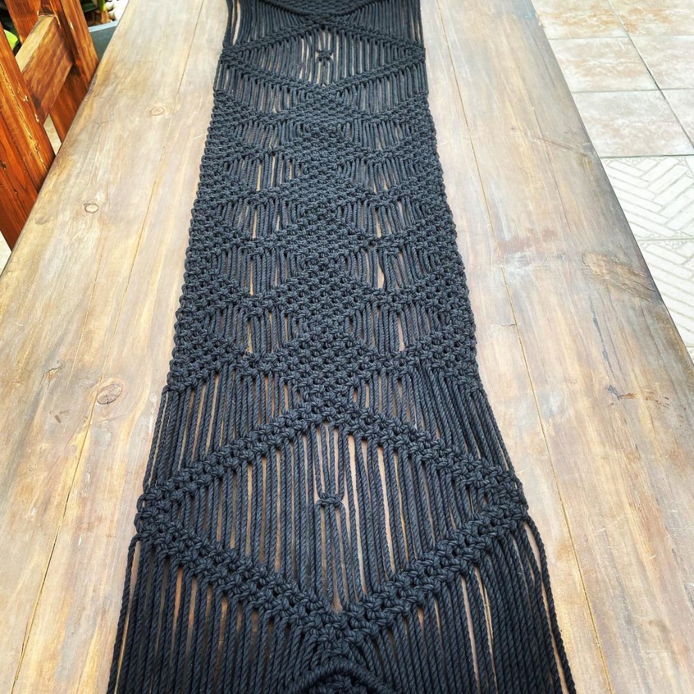 Bohemian Macrame Table Runner | Hand-Crafted Abstract Pattern | Black | 5 FT