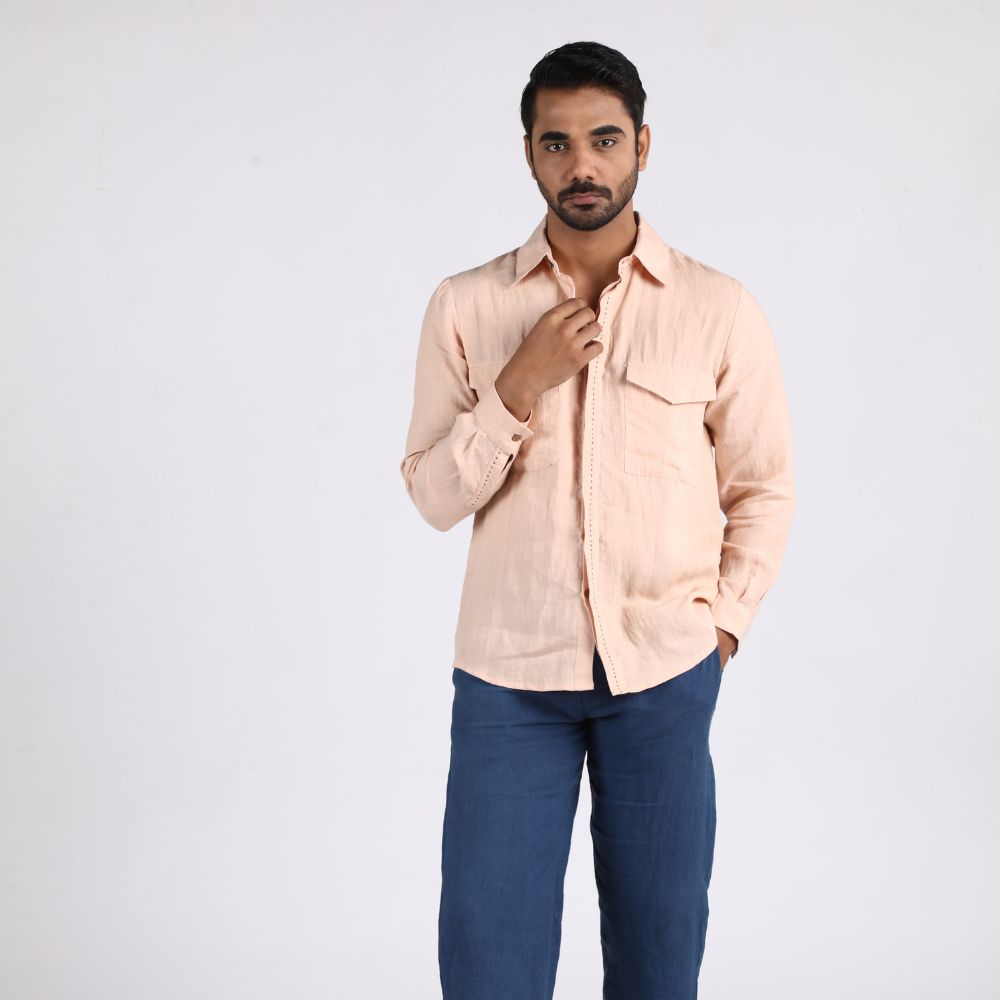 Peach Shirt With Kantha Embroidery | European Linen | Eco-Friendly