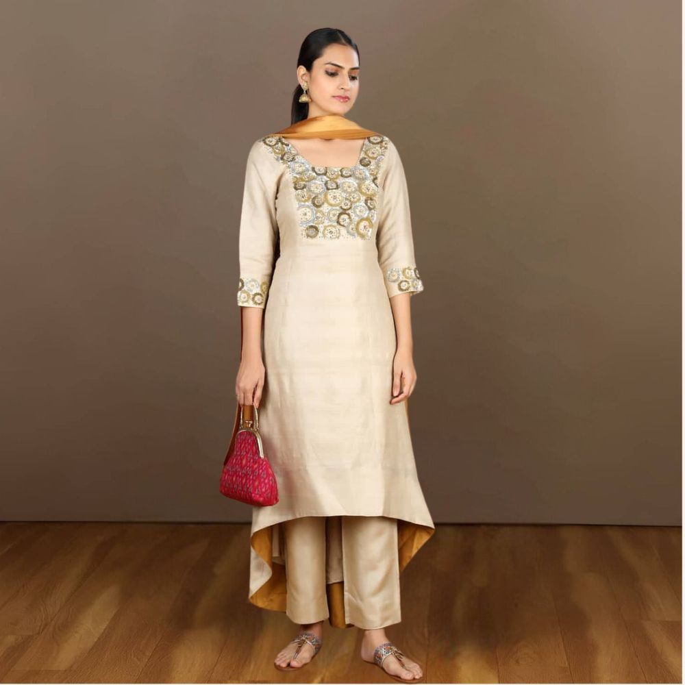 Aira Asymmetric Desi Tussar Kurta Set | Embroidered | Sophisticated | Festive | Beige