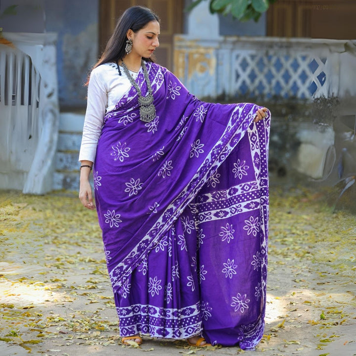 Purple & White Muslin Saree | Artistic Batik Print | Office Wear | Festive 