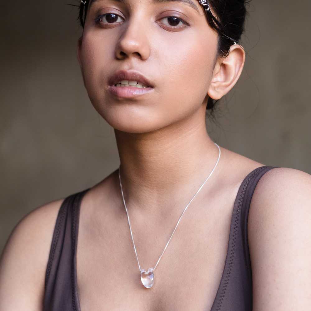 Pinkish White Pendant | Subtle Design Heart Veins | Hand Carved Crystal Quartz in 925 Silver